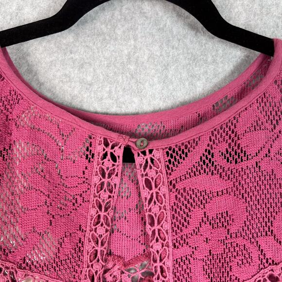 Free People One Pink Golden Age Lace Long Sleeve Open Back Top Size Medium - Picture 6 of 10